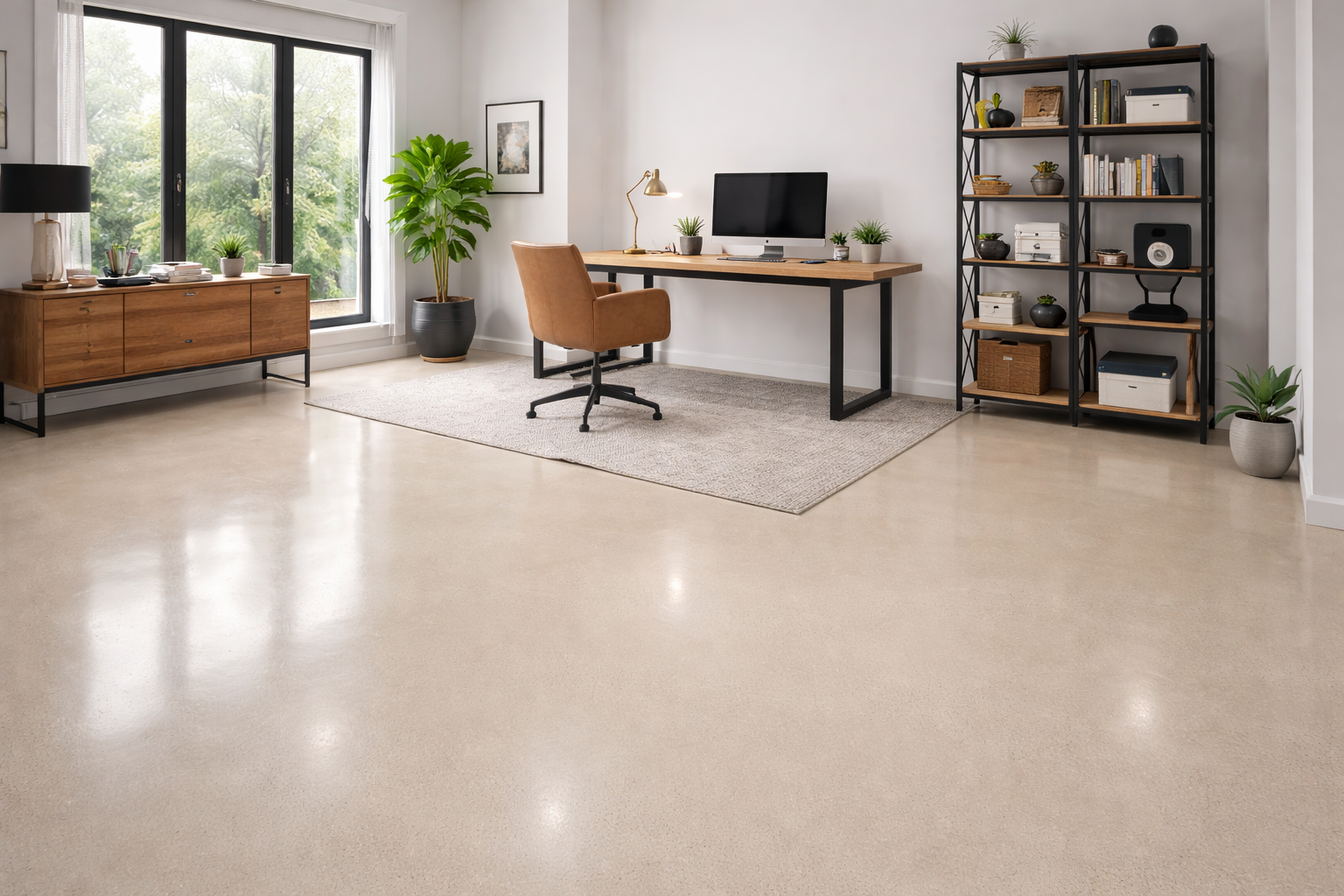 Polished concrete floor for a home office